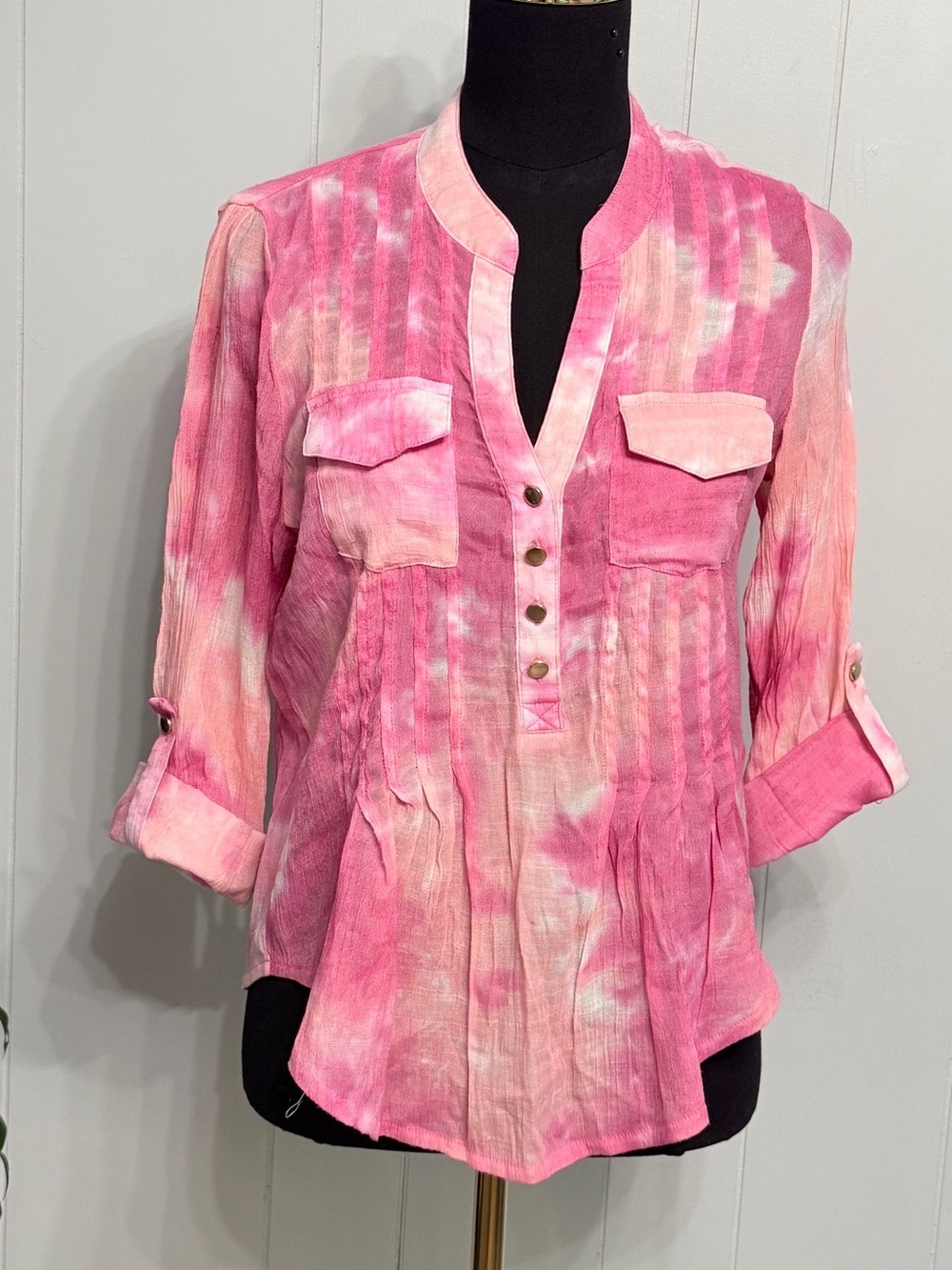 #19) Cocomo Pink Tie-Dye Pintuck Button-Front Blouse